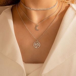 Moon & Palm Trees Charm Layered Necklace Silver